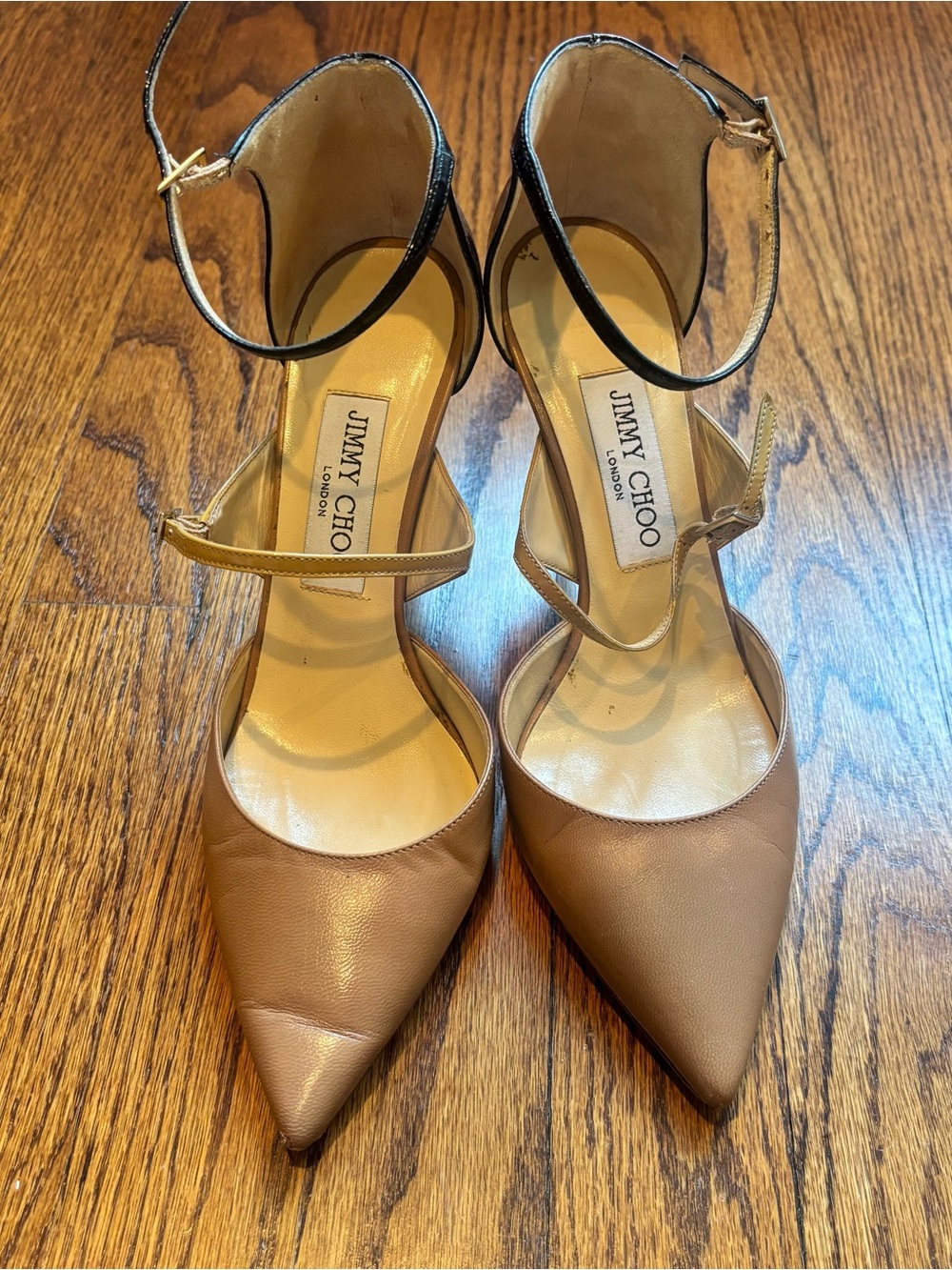 Jimmy Choo Tan and Black Pointed-Toe Leather Ankle-Strap Heels